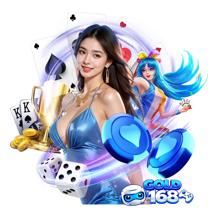 ภาพแบนเนอร์ Gold168 สล็อตออนไลน์ คาสิโน ผู้หญิงธีมสีฟ้า พร้อมไพ่ โป๊กเกอร์ ลูกเต๋า และเหรียญทอง แสดงถึงเกมเดิมพัน สล็อต คาสิโน และบาคาร่า ครบวงจร gold168